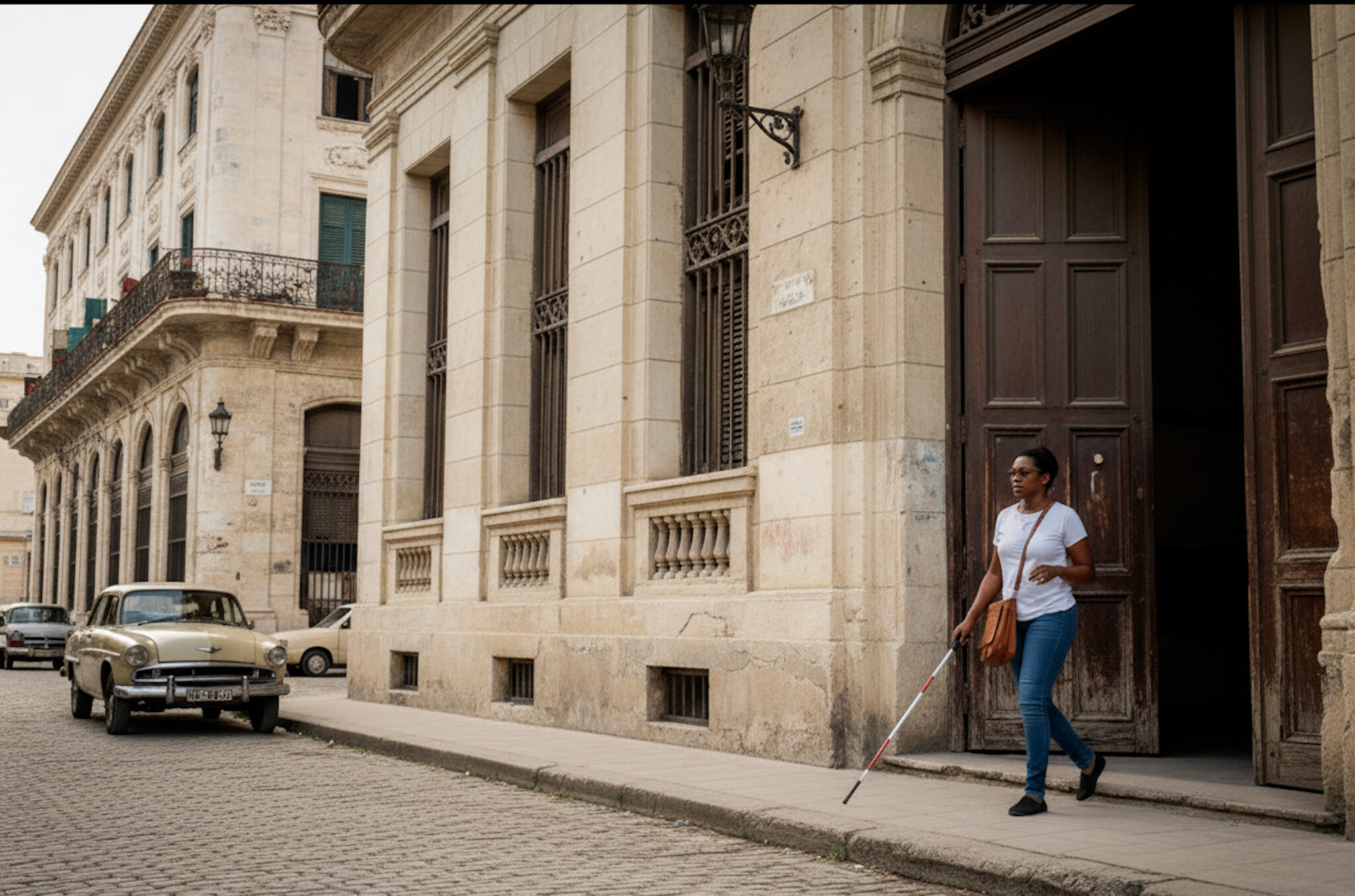 A dark skin woman wearing sunglasses, dressed in a white t-shirt and jeans,and using a white cane. Is exiting building with large, wooden doorway. historic limestone buildings with balconies and a cream-colored 