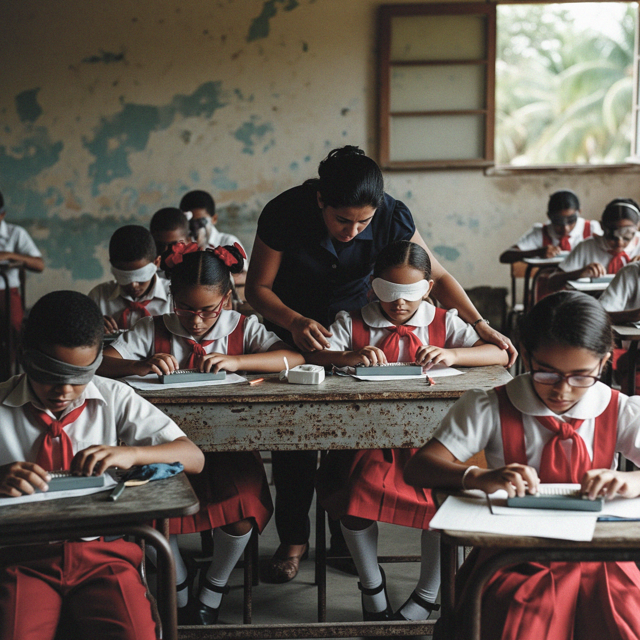 A teacher leans over a desk to help two blindfolded girls using braille machines in a classroom. Several other blindfolded children are also seated at desks, focused on their own braille machines.