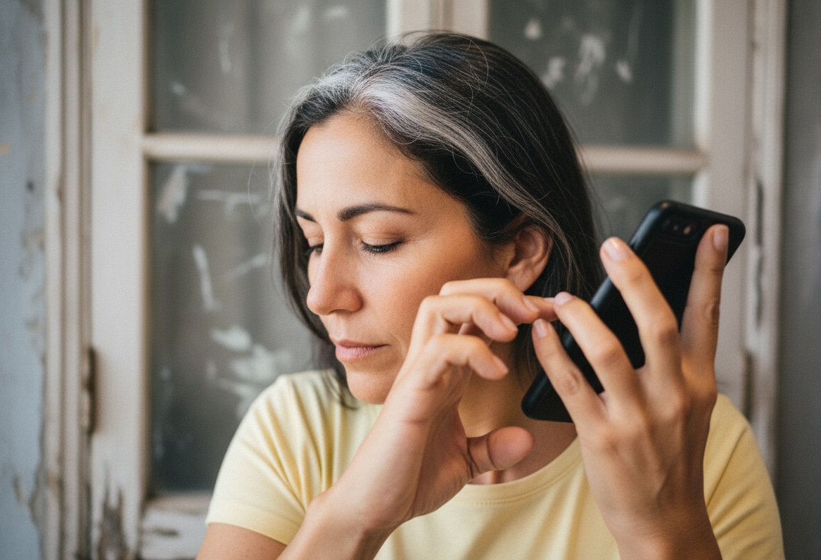 A close-up portrait of a woman with dark hair and prominent gray streaks, wearing a pale yellow t-shirt. She is listening to her smartphone, holding it close to her ear with one hand and touching the screen with the fingers of the other. The background is blurred and shows a glass and wood window or door.