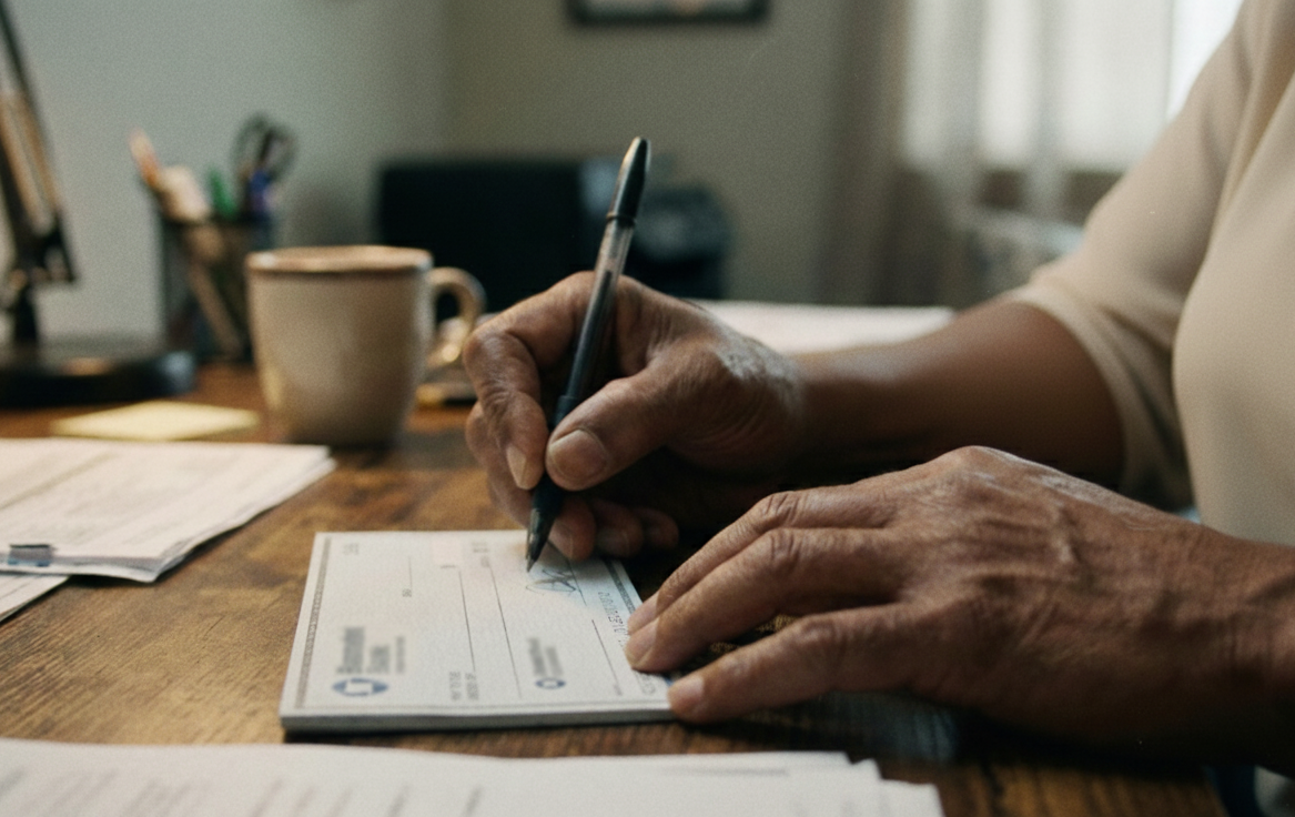 Hands of a person writing a check with a pen on a wooden table, with documents and a cup of coffee in the background